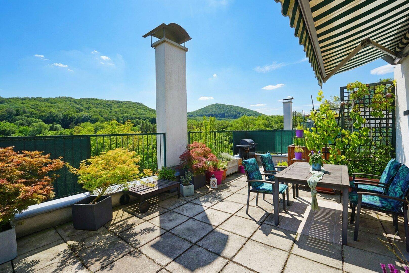 Geräumige Dachterrasse mit Essbereich, Grill und weitem Blick ins Grüne und auf die Hügel.