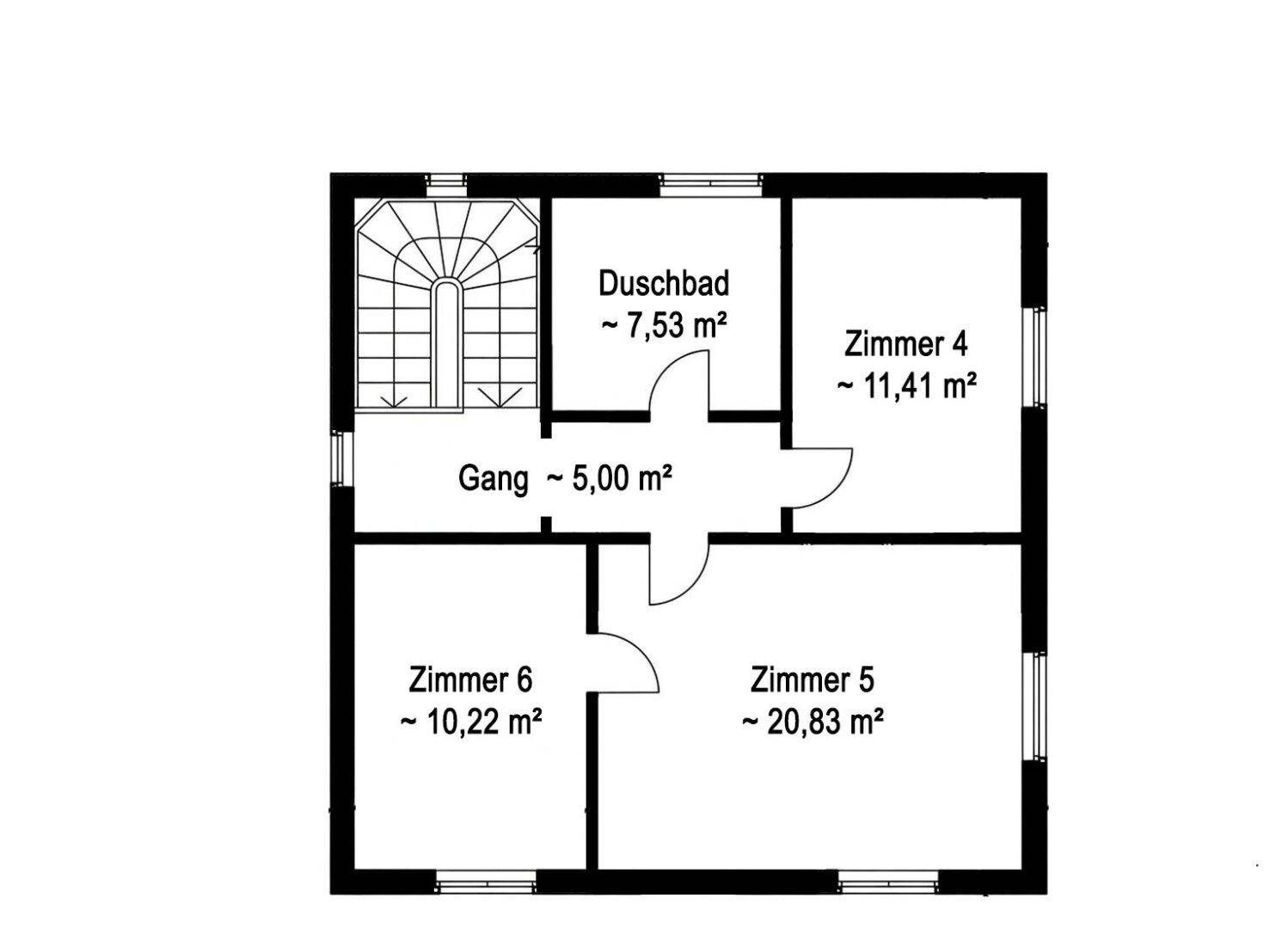 Grundriss eines Obergeschosses mit mehreren Zimmern und einem Duschbad.