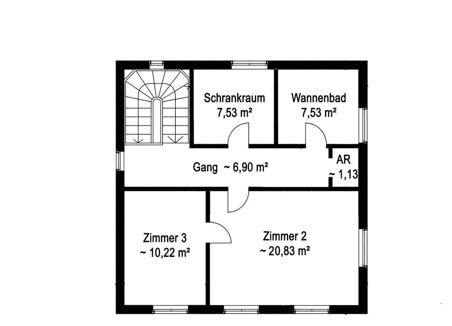 Grundriss eines Obergeschosses mit Zimmern, Schrankraum und Wannenbad.