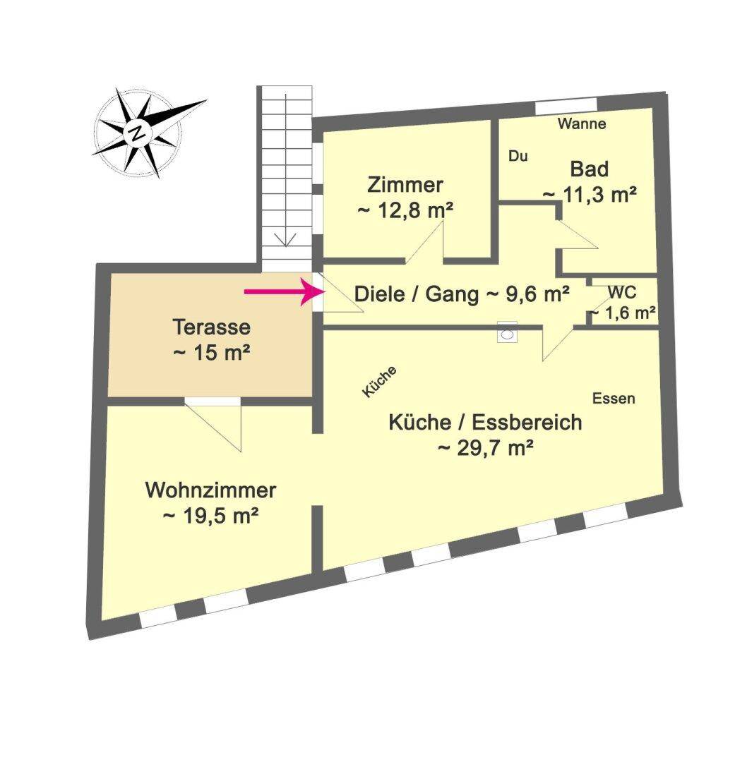 Grundriss des Obergeschosses mit Wohnzimmer, Küche, Essbereich, Bad und Terrasse.