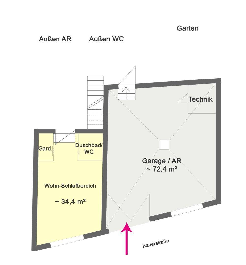 Grundriss des Erdgeschosses mit Wohn-Schlafbereich, Duschbad und großer Garage.