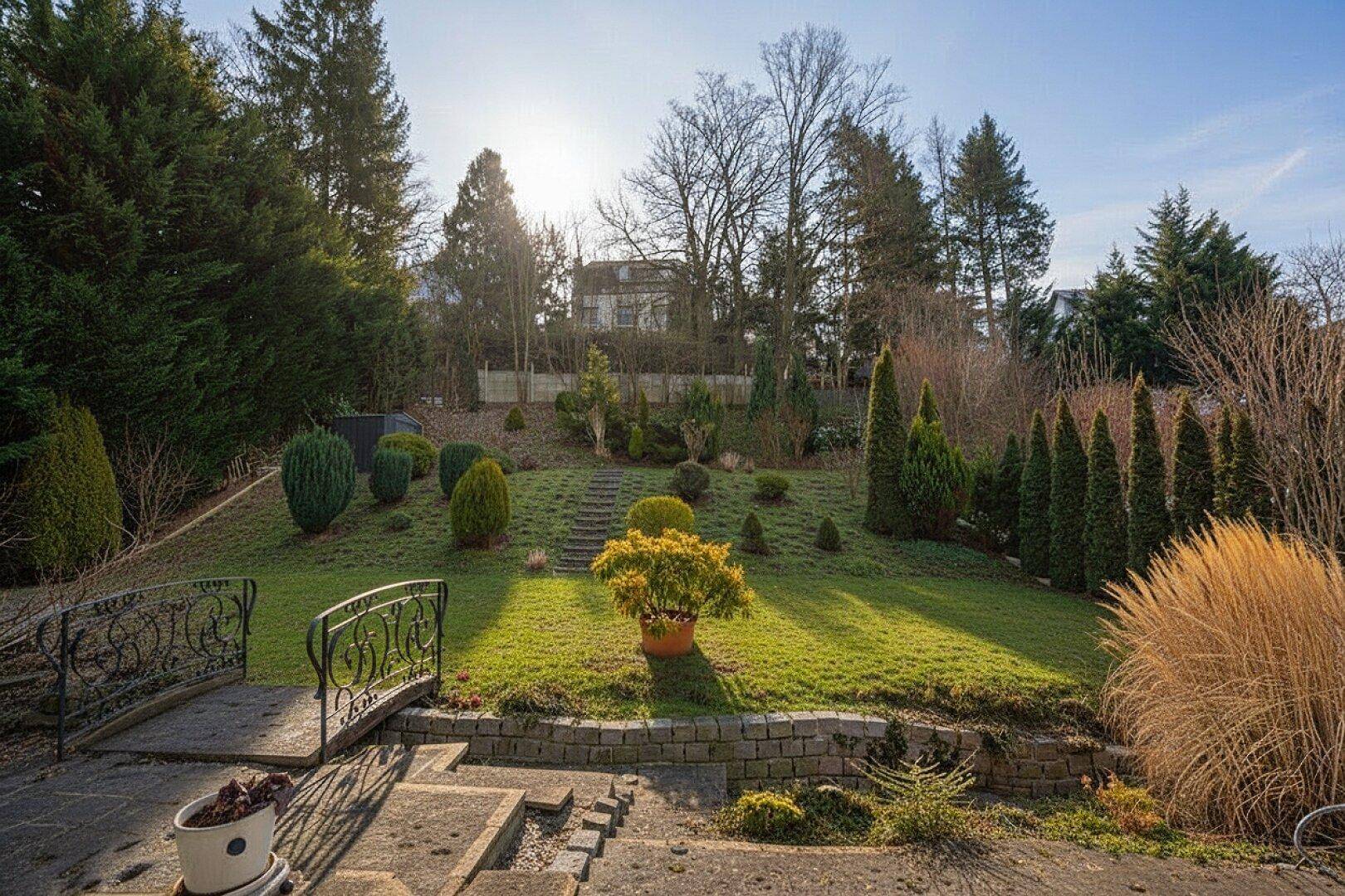 Großer, sonniger Garten mit terrassierten Rasenflächen, Ziersträuchern und einem kleinen Brückenelement.
