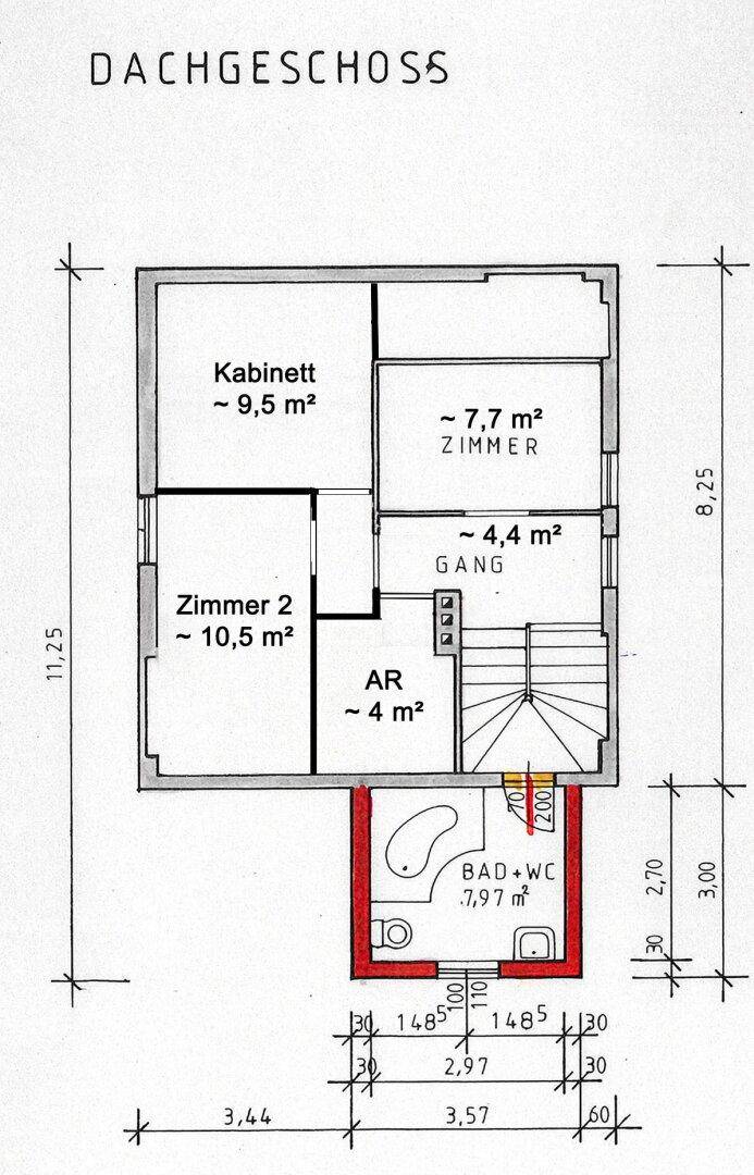 Grundriss des Dachgeschosses mit mehreren Zimmern, Bad und WC.