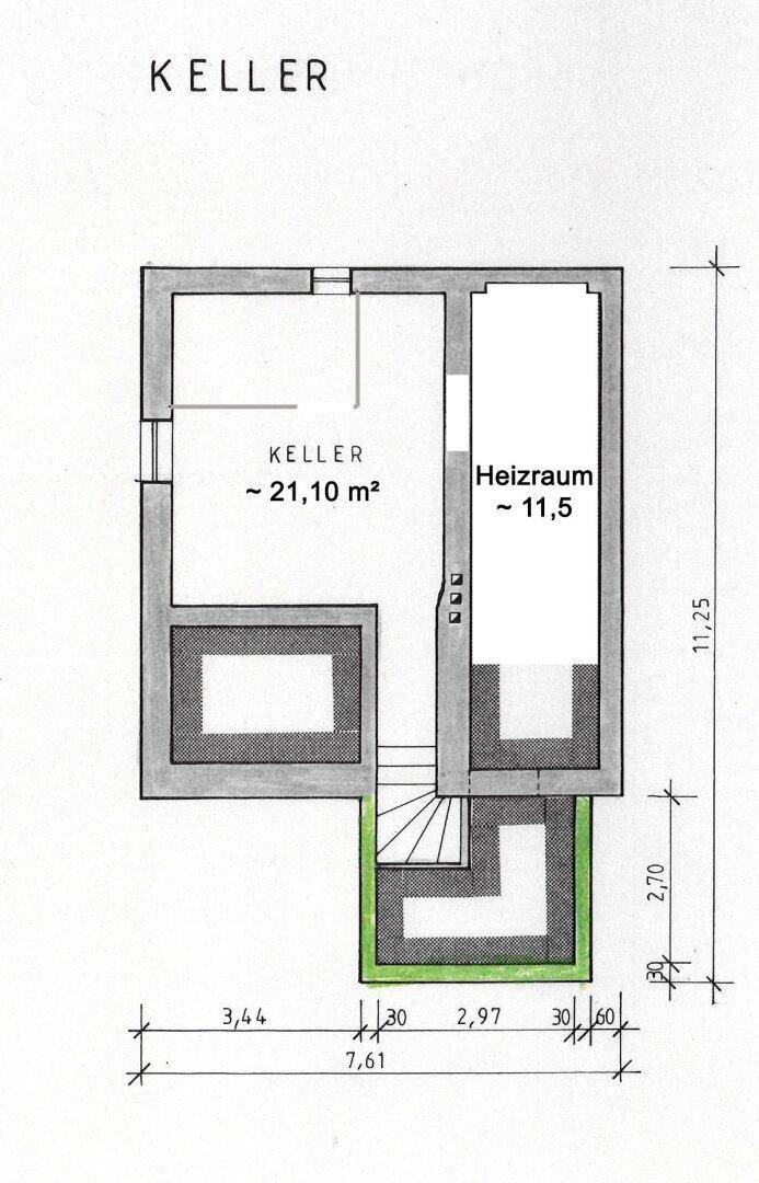 Grundriss des Kellers mit Heizraum und zusätzlichem Stauraum.