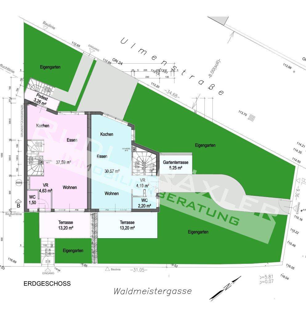 Grundriss des Erdgeschosses mit Wohn-, Ess- und Kochbereichen sowie Terrasse und Garten.