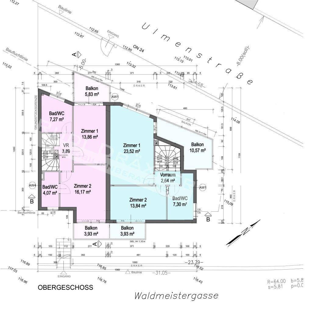 Grundriss des Obergeschosses mit Schlafzimmern, Bädern und Balkonen.