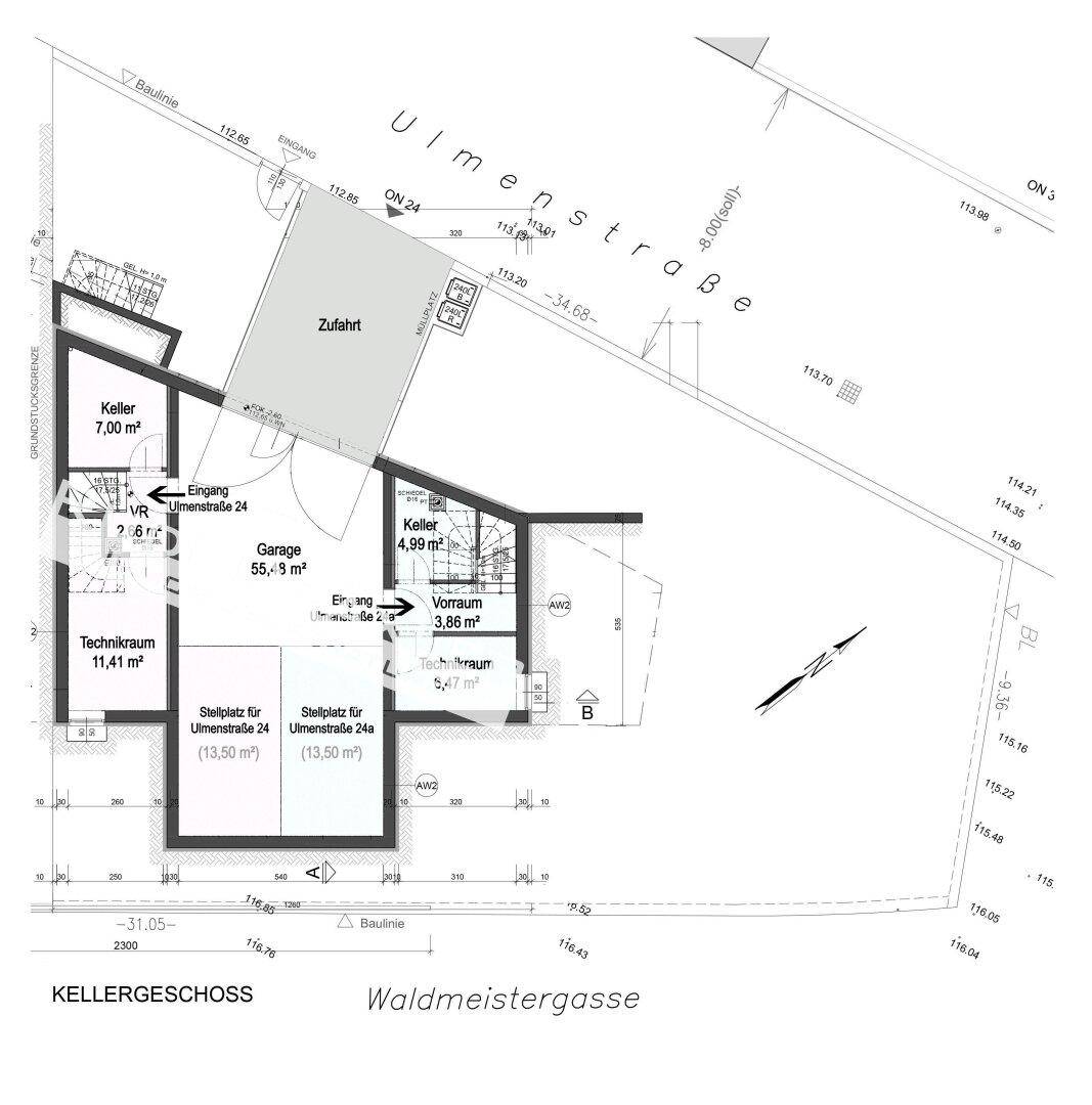 Grundriss des Kellergeschosses mit Garage, Technikraum und Abstellflächen.