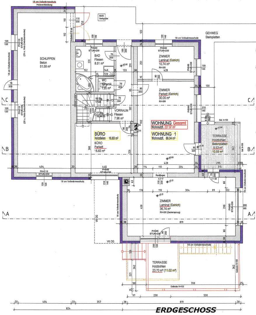 Grundriss des Erdgeschosses mit Wohnbereich, Büro, Bad und Terrassenzugang.