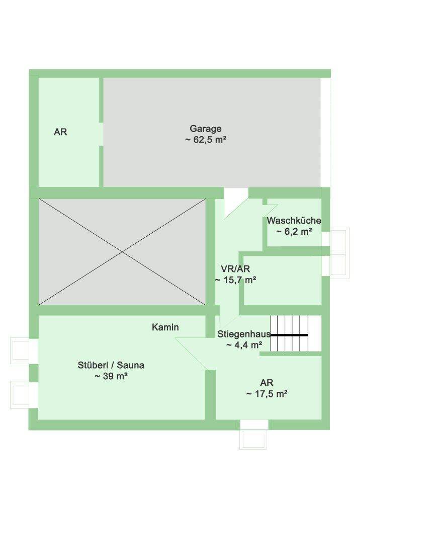 Grundriss des Untergeschosses mit Garage, Waschküche, Stüberl/Sauna und Abstellräumen.