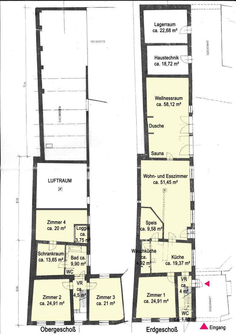 Grundriss des Ober- und Erdgeschosses mit Zimmern, Bädern und Wellnessbereich.