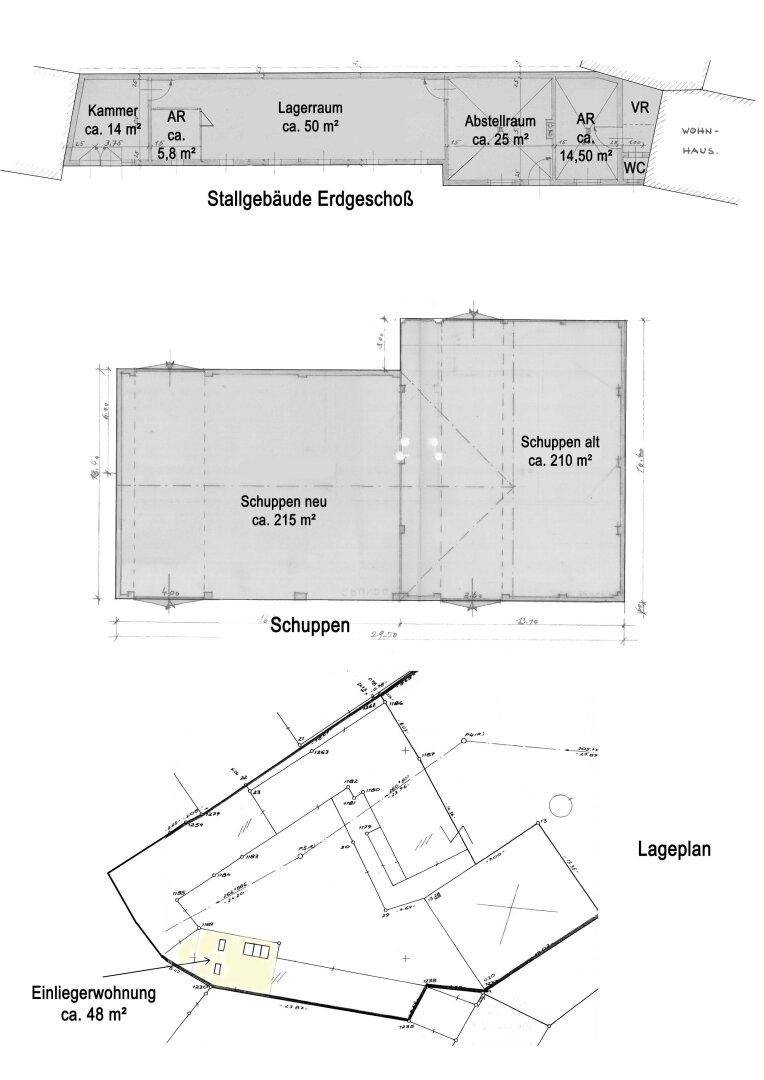 Lageplan und Grundrisse der Stallgebäude und Schuppen mit Flächenangaben.