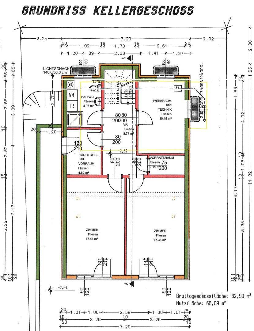 Grundriss des Kellergeschosses mit Werkraum, Vorratsräumen und zwei zusätzlichen Zimmern.