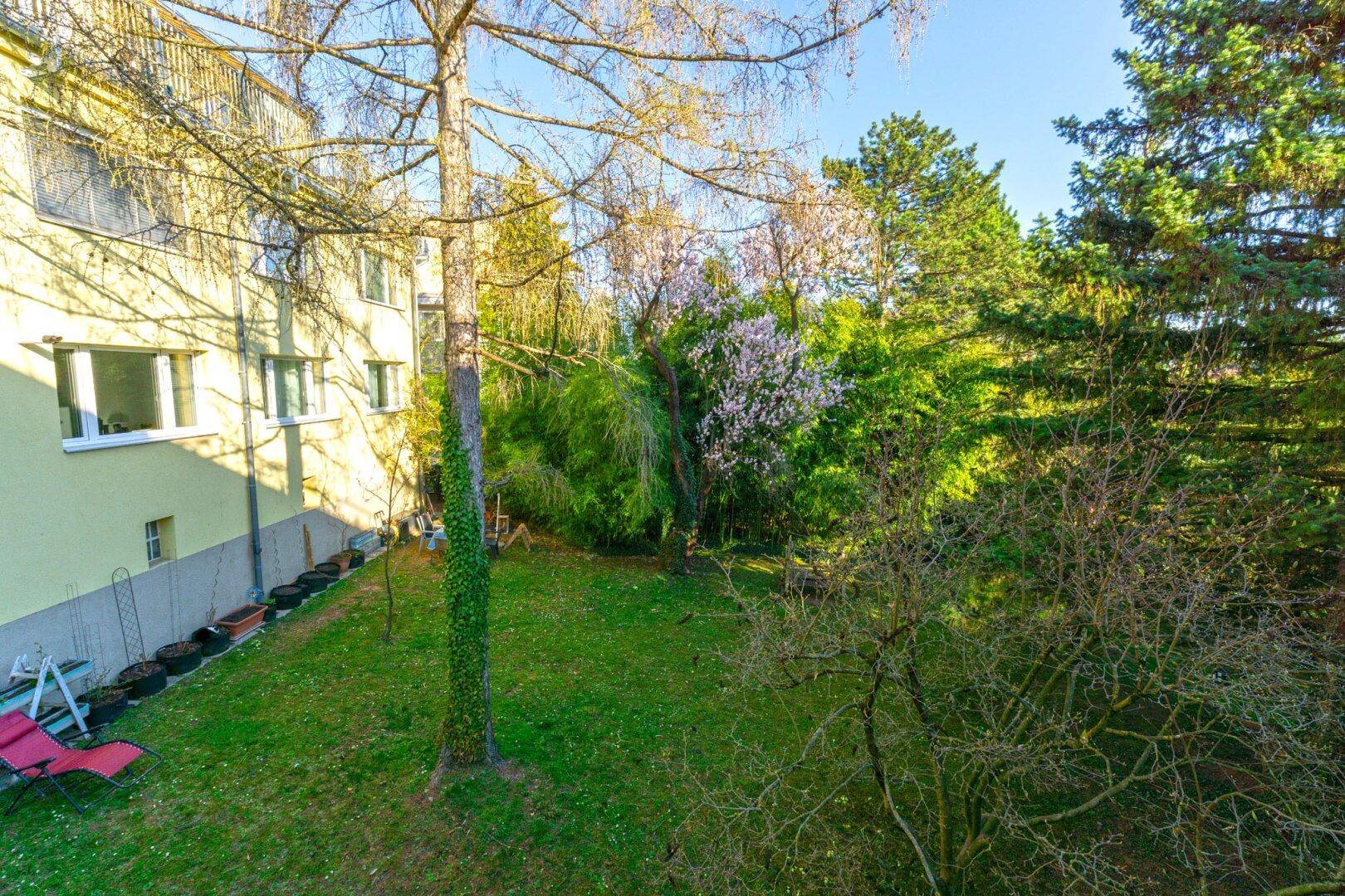 Grüner Gartenbereich neben dem Gebäude, von einer erhöhten Position aus gesehen.