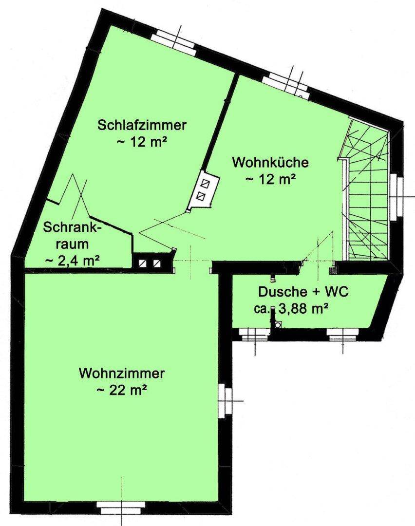 Grundriss des Obergeschosses mit Schlafzimmer, Wohnküche und Duschbad.