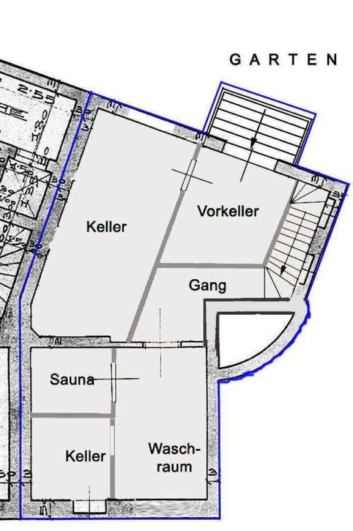 Grundriss des Kellers mit Sauna, Waschraum und weiteren Abstellräumen.