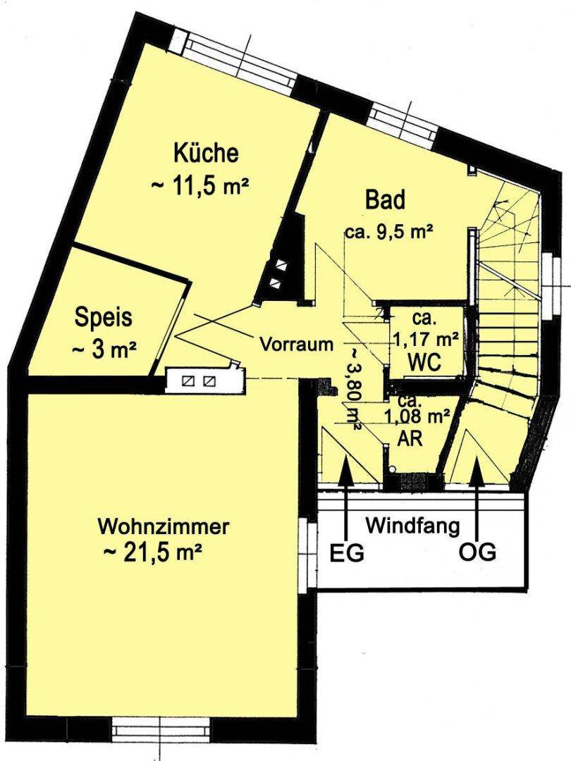 Grundriss des Erdgeschosses mit Wohnzimmer, Küche, Bad und separatem WC.