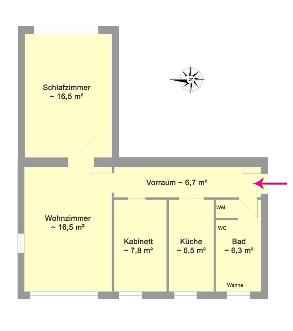 Detaillierter Grundriss einer Wohnung mit Schlafzimmer, Wohnzimmer, Küche, Bad mit Wanne und separatem Gäste-WC.