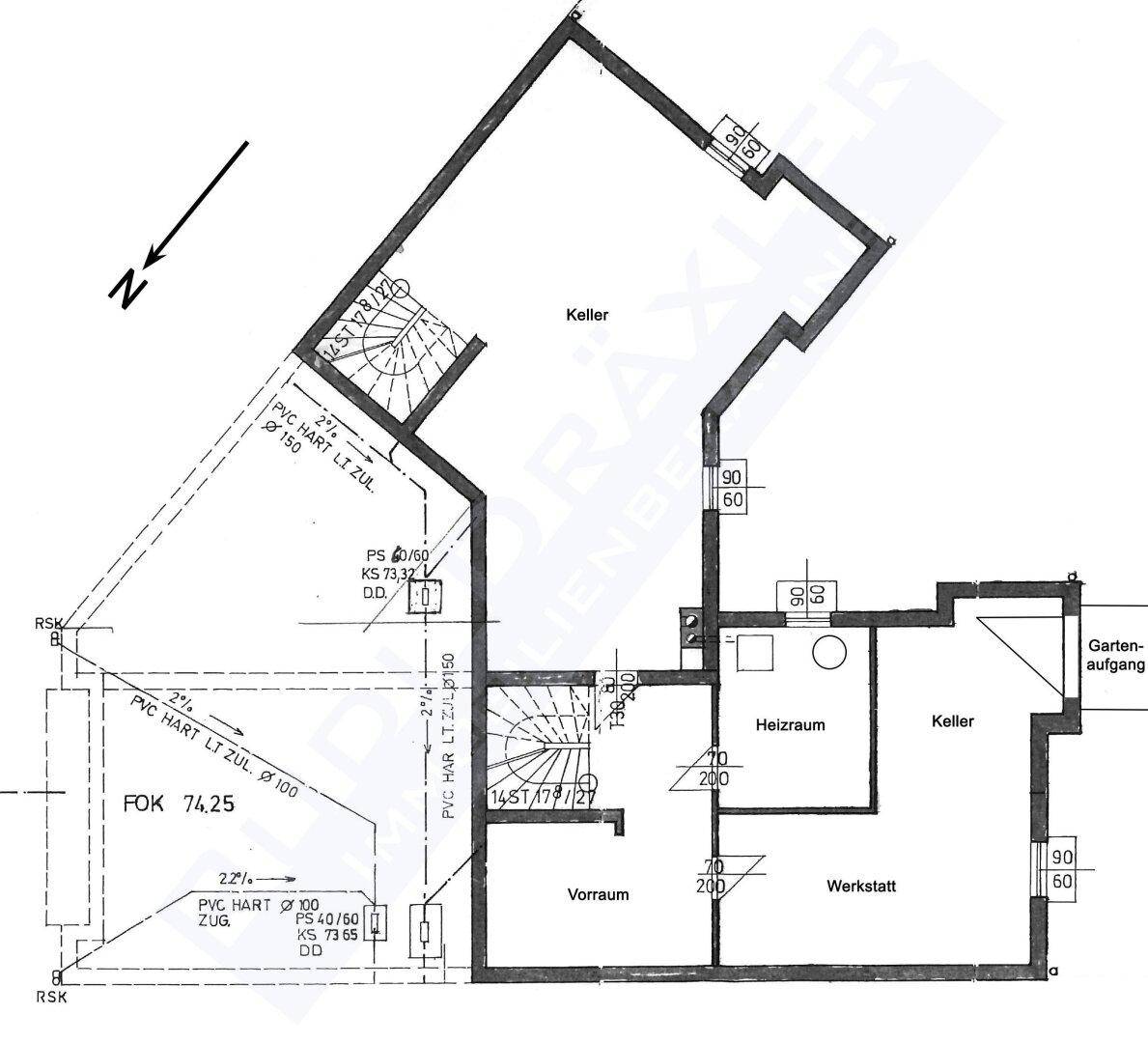 Grundriss des Kellers mit Heizraum, Werkstatt und weiteren Kellerräumen.