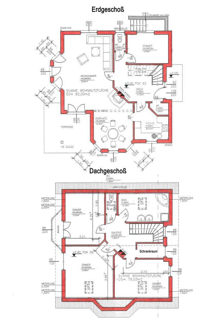 Grundriss des Erd- und Dachgeschosses mit Wohnflächenangaben und Raumaufteilung.