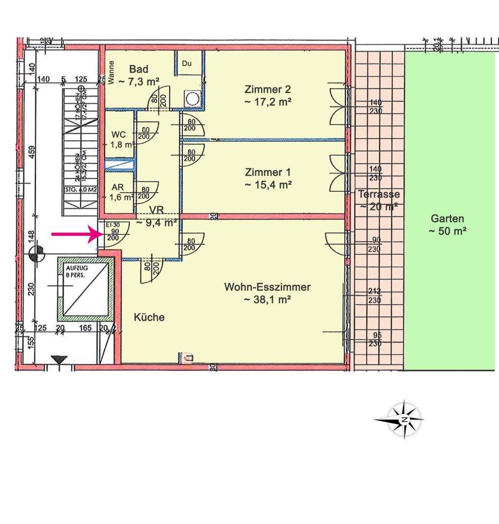 Grundriss zeigt eine Wohnung mit zwei Zimmern, Bad, WC, Terrasse und Garten.