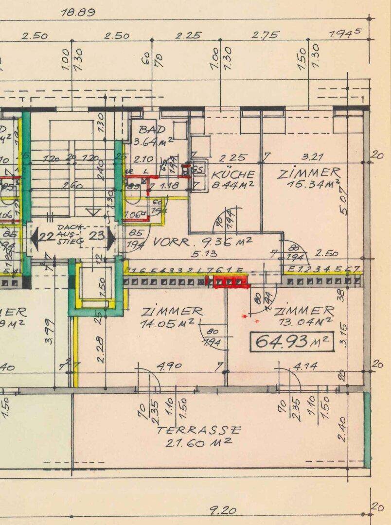 Grundrissplan der Wohnung mit Zimmern, Bad, Küche und einer großen Terrasse von 27.60 m².