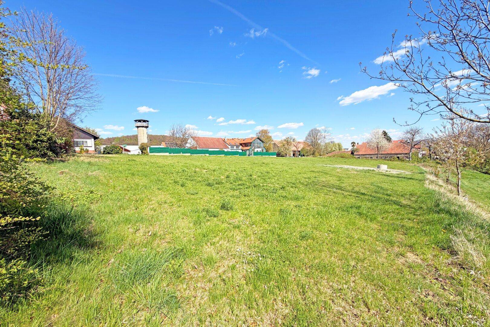 Grüne Wiese mit Blick auf eine ländliche Bebauung und einen markanten Turm im Hintergrund.
