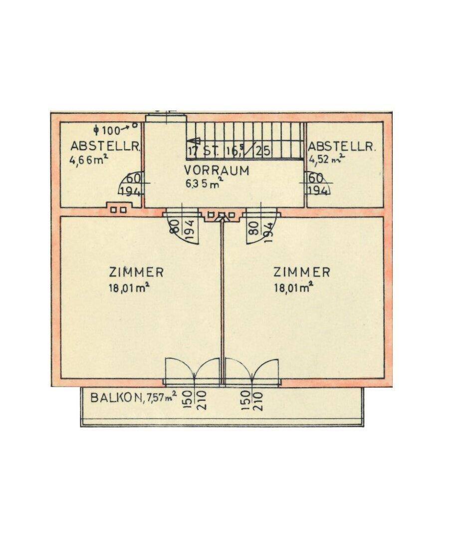 Grundriss des Obergeschosses mit zwei Zimmern, Abstellräumen und einem Balkon.