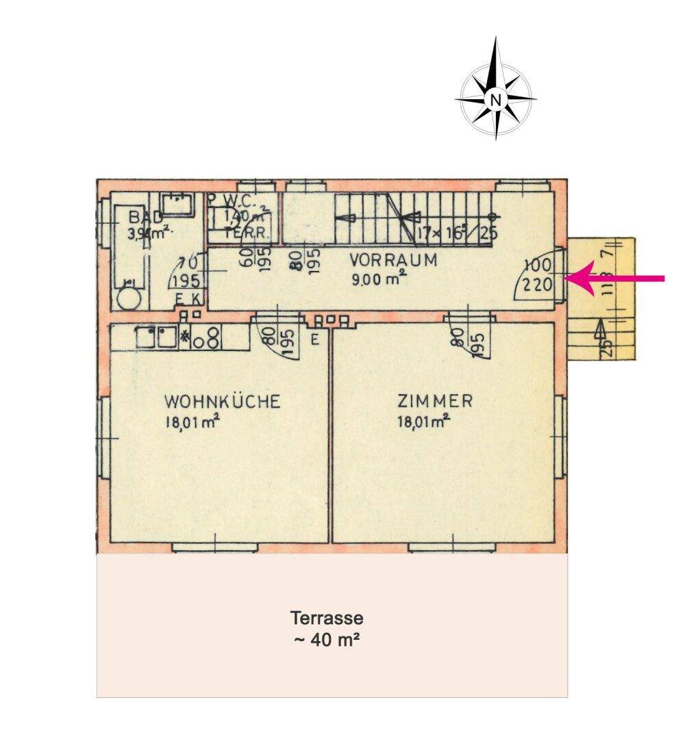 Grundriss des Erdgeschosses mit Wohnküche, Zimmer, Bad, WC und großer Terrasse.