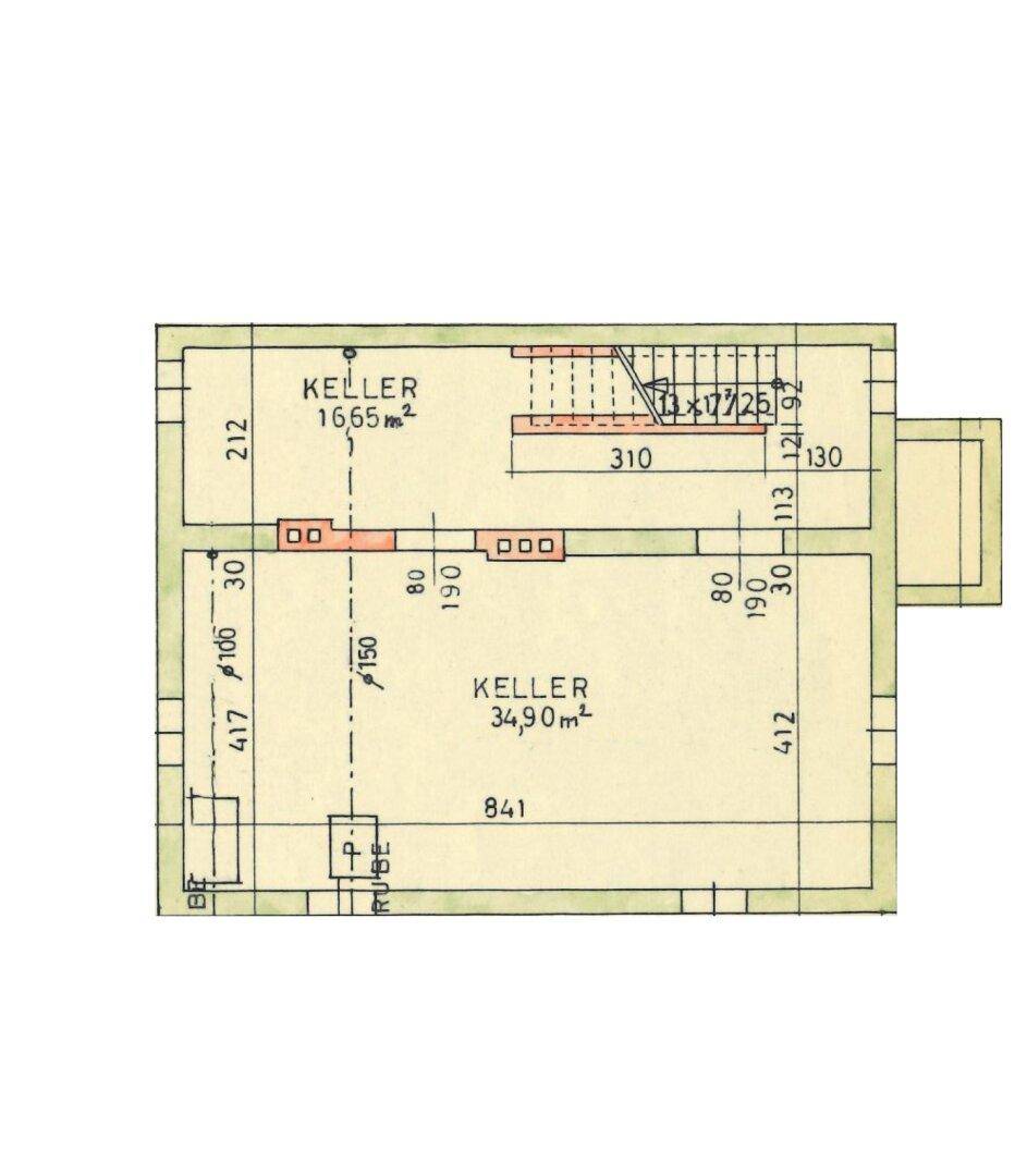Grundriss des Kellergeschosses mit zwei Kellerräumen und Treppenzugang.