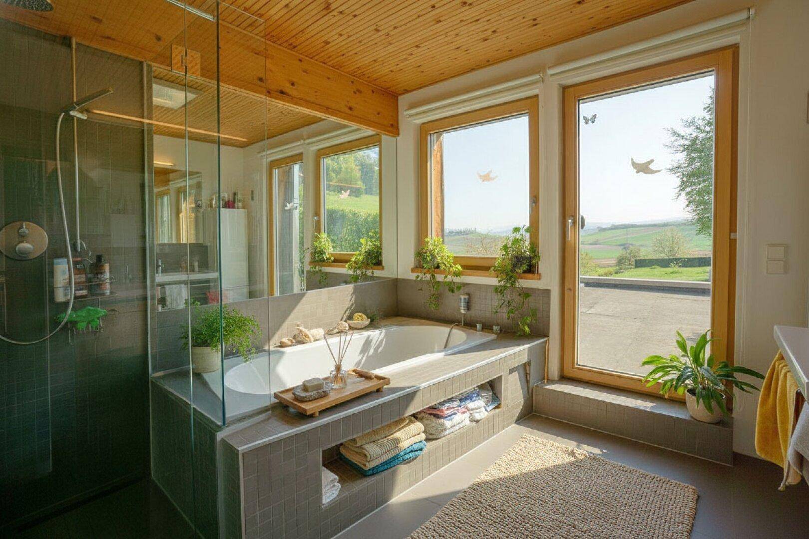 Modernes Badezimmer mit Badewanne, Duschkabine und großen Fenstern mit Blick ins Grüne.
