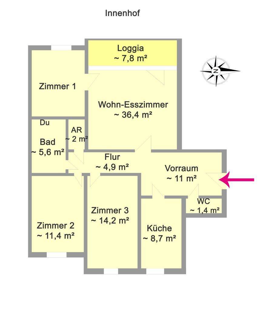 Detaillierter Grundriss der Wohnung mit Wohn-Esszimmer, Loggia und separatem WC.