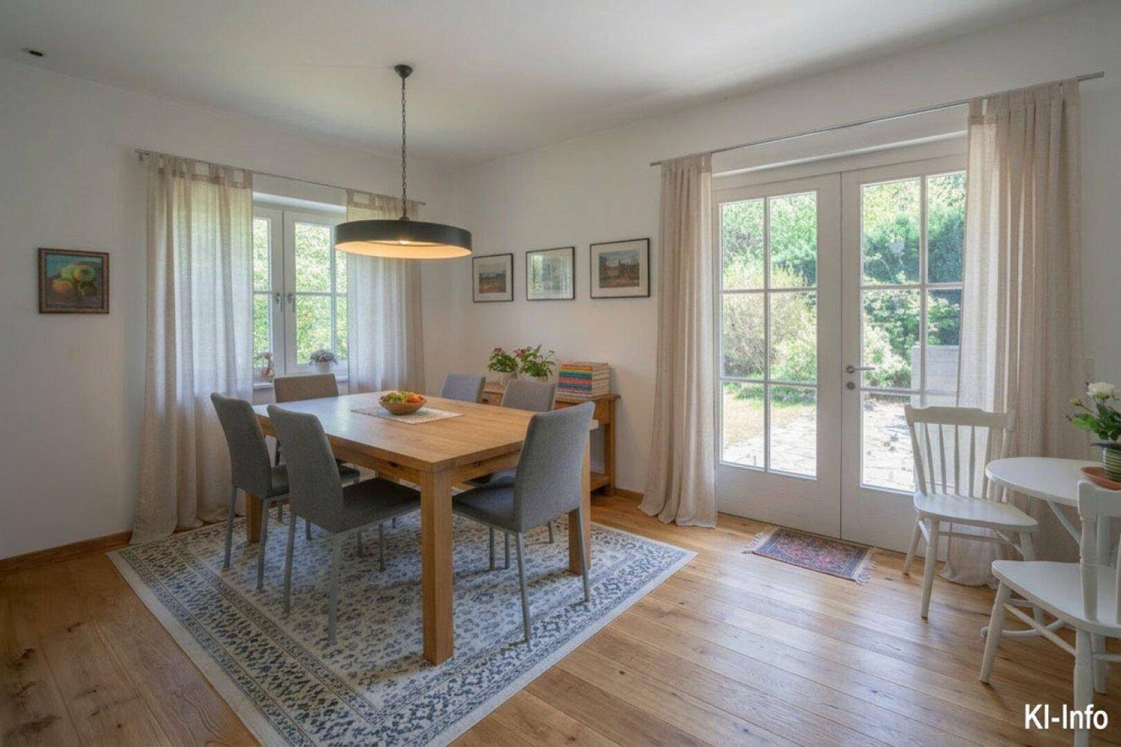 Modern gestalteter Essbereich mit Holztisch, Stühlen und Zugang zum Garten.