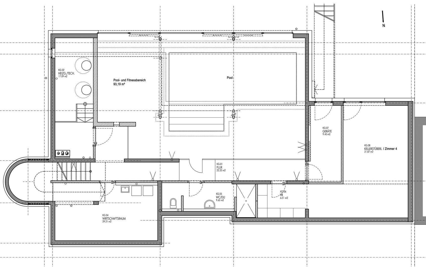 Grundriss des Untergeschosses mit Pool, Fitnessbereich und zusätzlichem Zimmer.