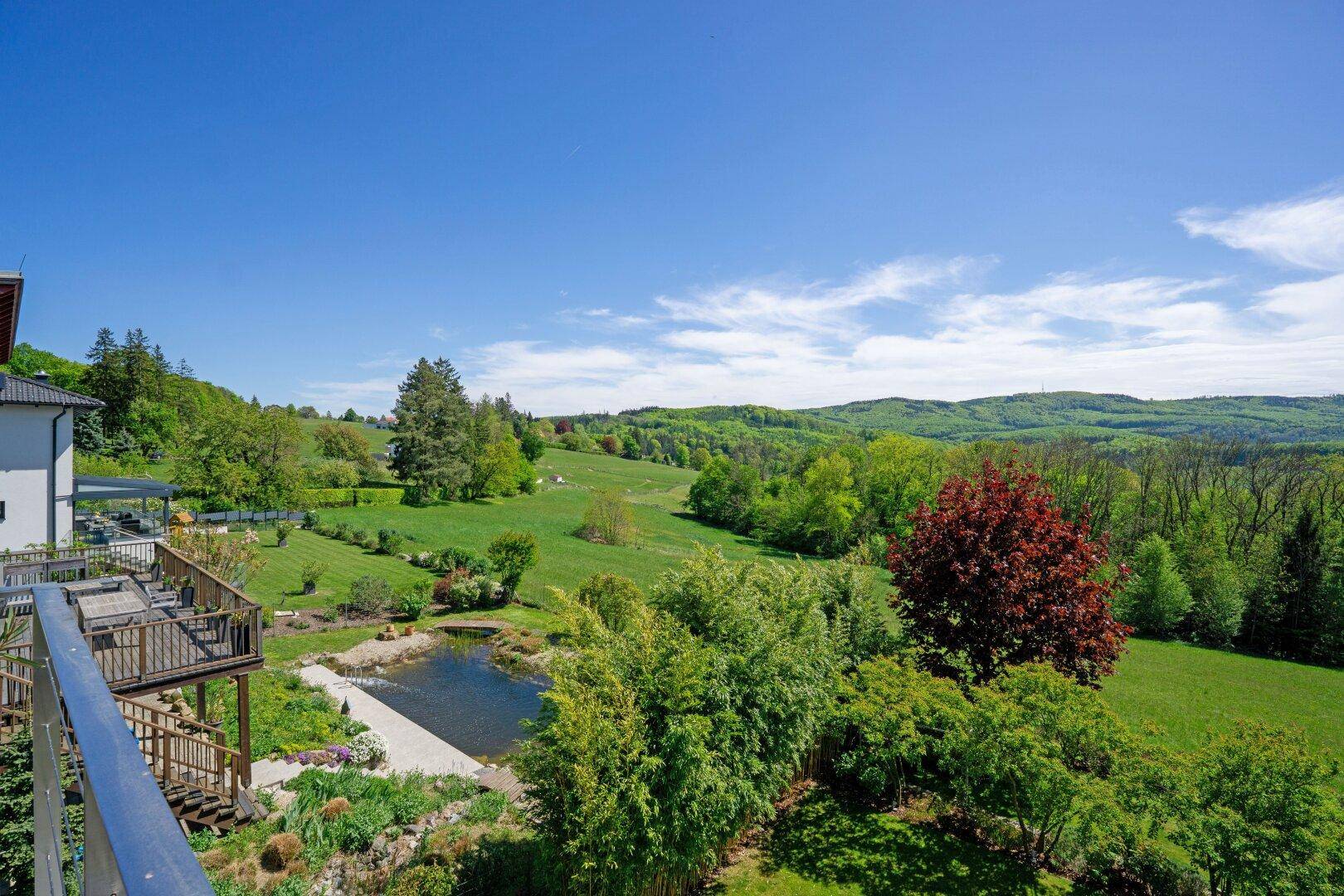 Weitläufiger Garten mit Teich, üppiger Vegetation und Blick auf die umliegende Natur.
