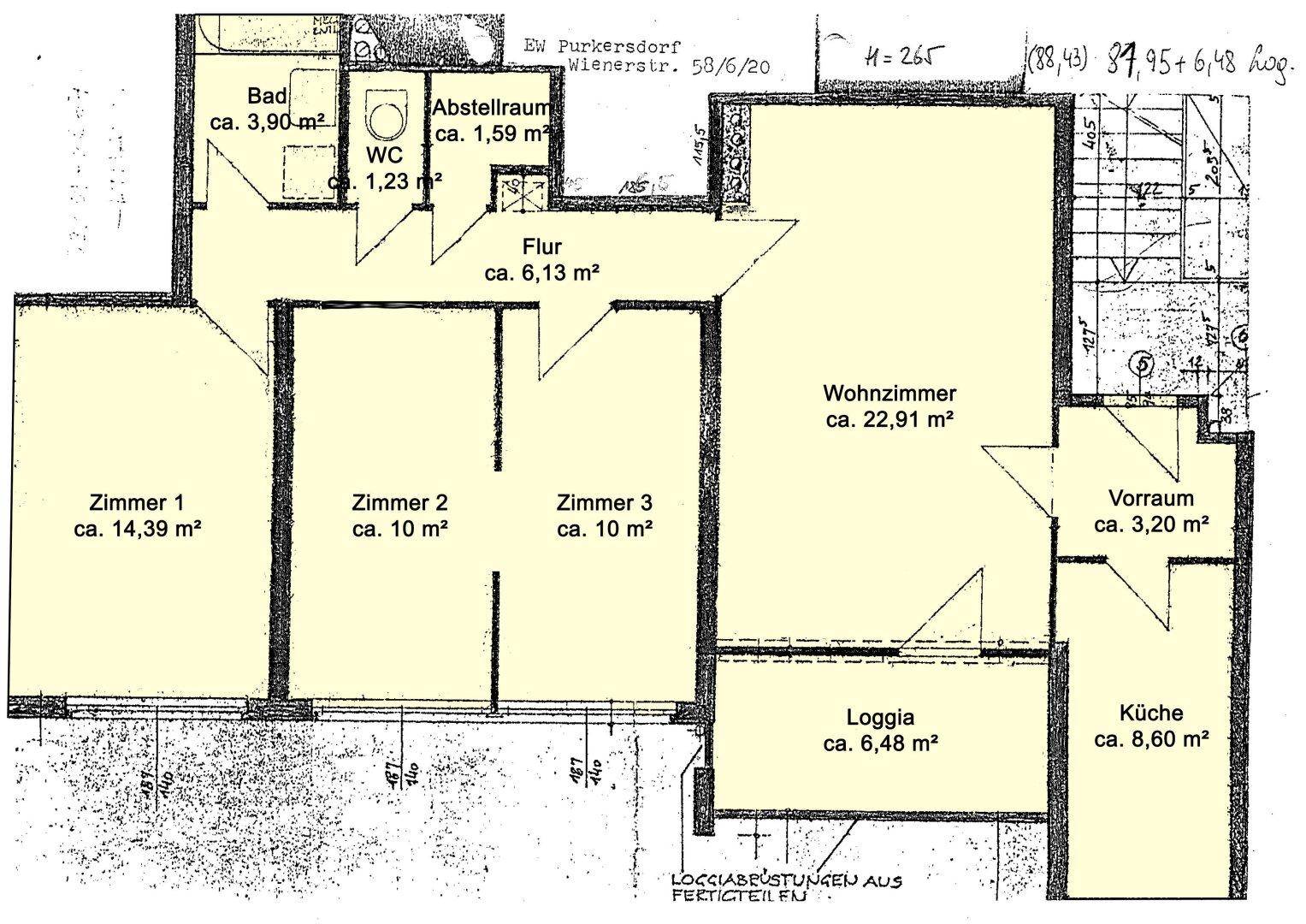 Grundriss der Wohnung mit drei Zimmern, Wohnzimmer, Küche und Loggia.