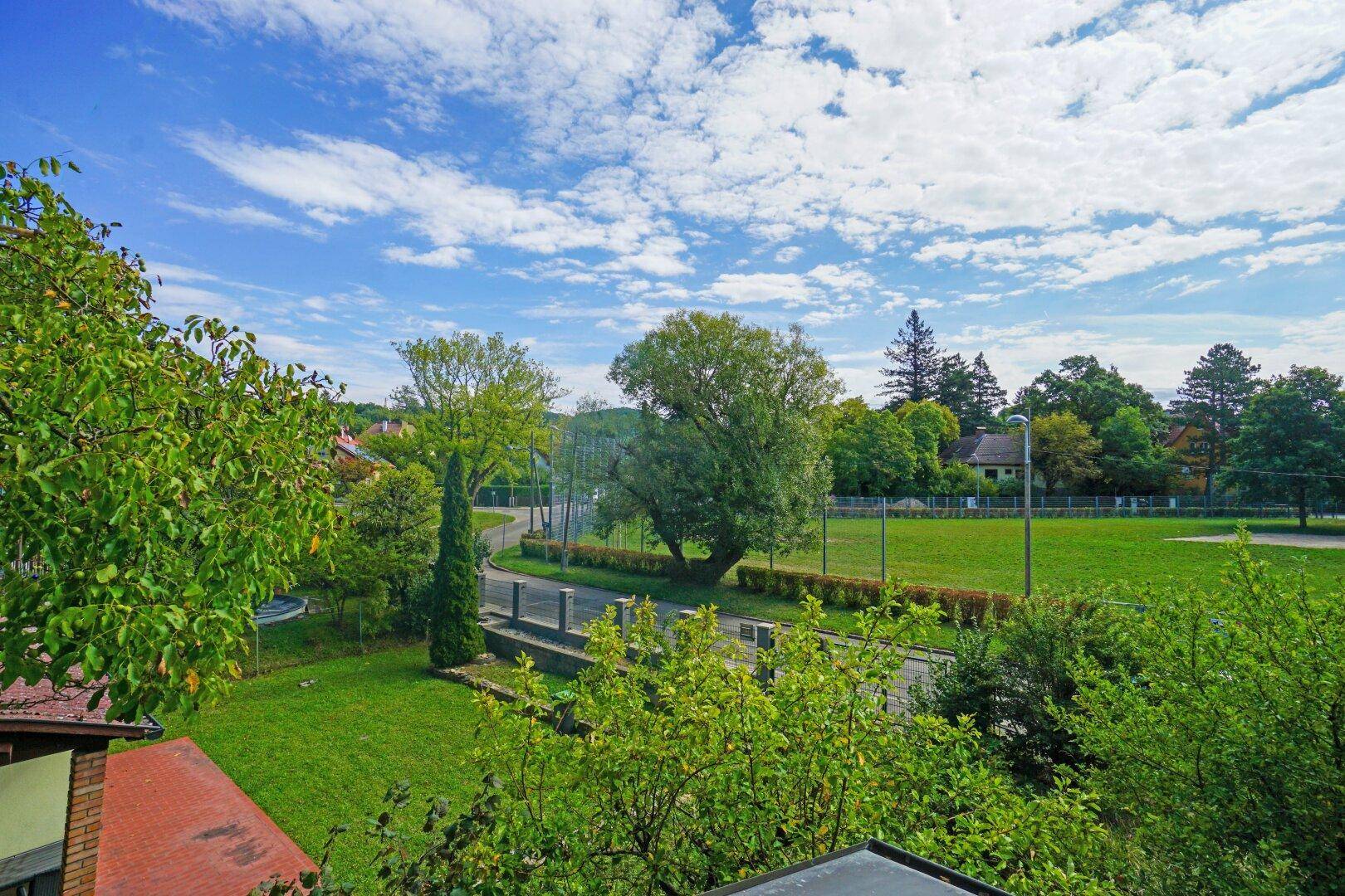 Weitläufiger Blick über grüne Felder und Bäume unter einem blauen Himmel.