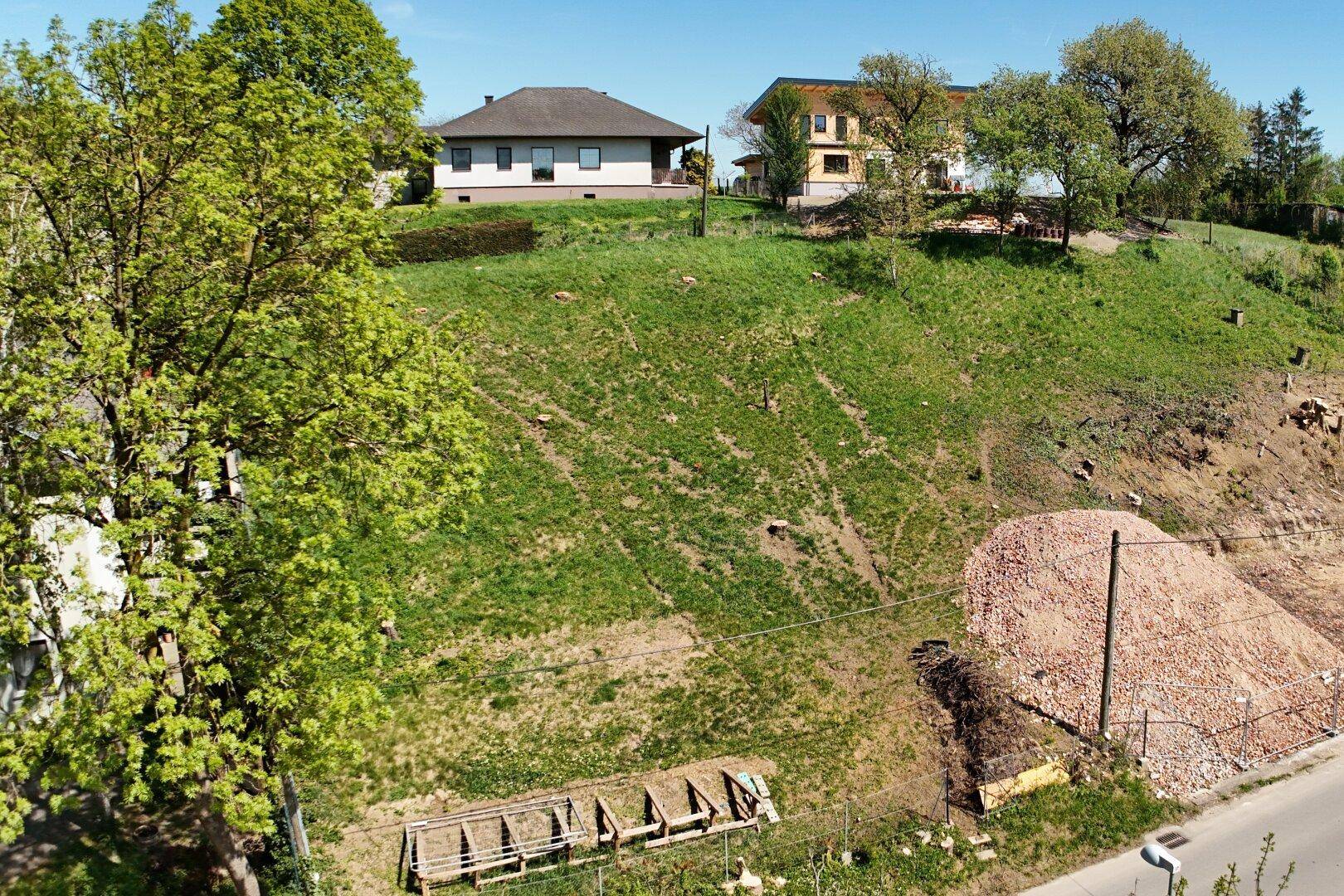 Weitläufige Ansicht eines grünen Grundstücks mit angrenzenden Häusern und Baumbestand.