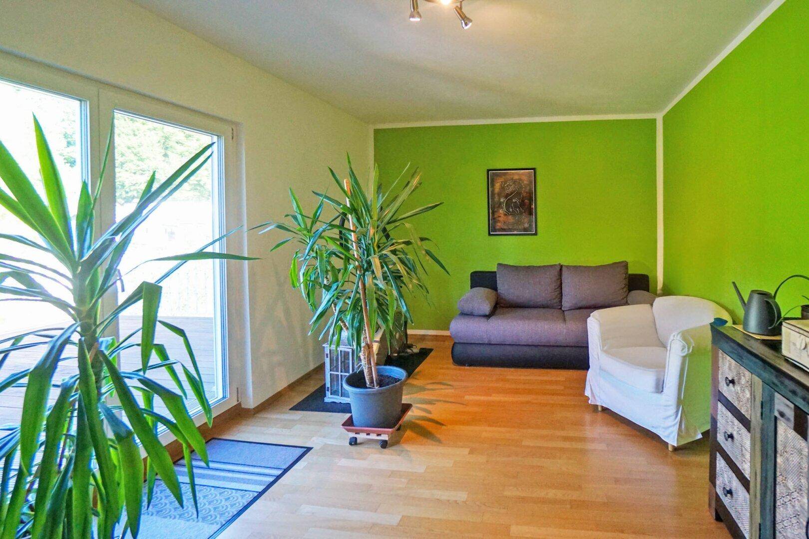 Wohnzimmer mit grüner Akzentwand, Sofa und Zugang zum Außenbereich.