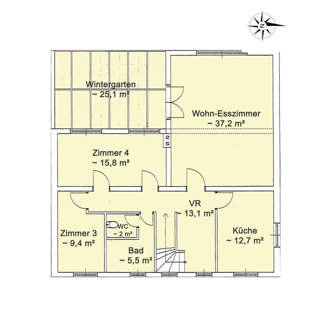 Grundrissplan einer Etage mit Wohn-Esszimmer, Küche, zwei Schlafzimmern, Bad, Gäste-WC und Wintergarten.