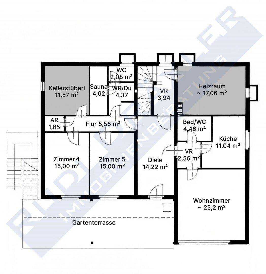 Grundriss des Untergeschosses mit Kellerräumen, Sauna, Bad, WC und Gartenterrasse.