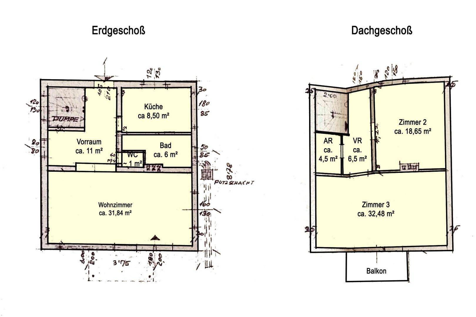Grundrisspläne für Erdgeschoss und Dachgeschoss mit Raumaufteilung und Flächenangaben.