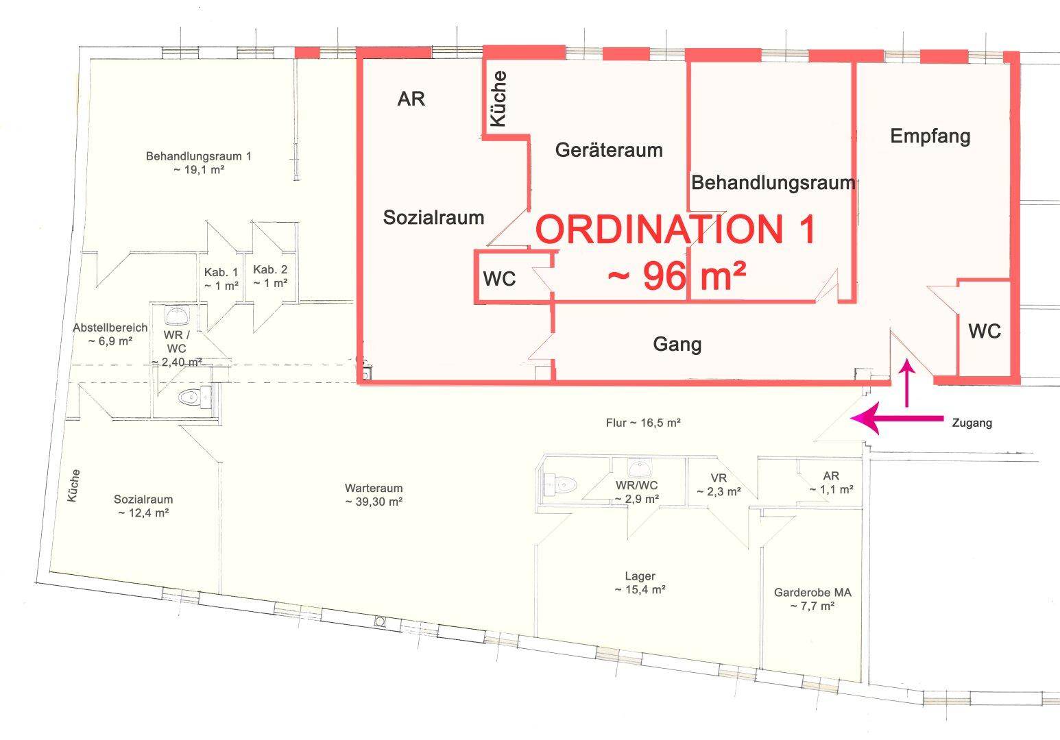 Grundrissplan einer Ordination von 96 m² mit Behandlungsräumen, Empfang und Sanitäranlagen.