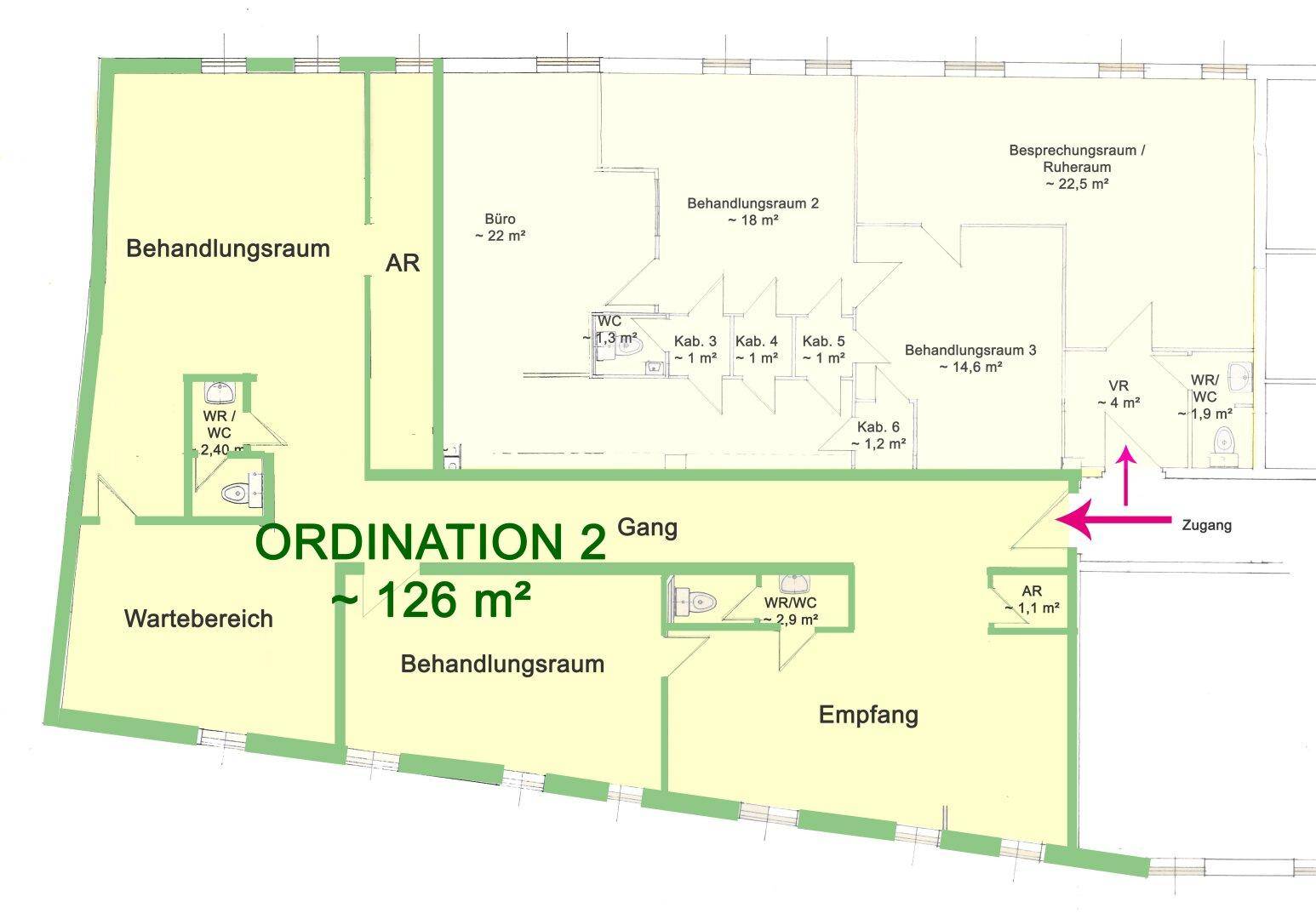 Detaillierter Grundriss der Ordination 2 mit Behandlungsräumen, Wartebereich und Empfang auf 126 m².