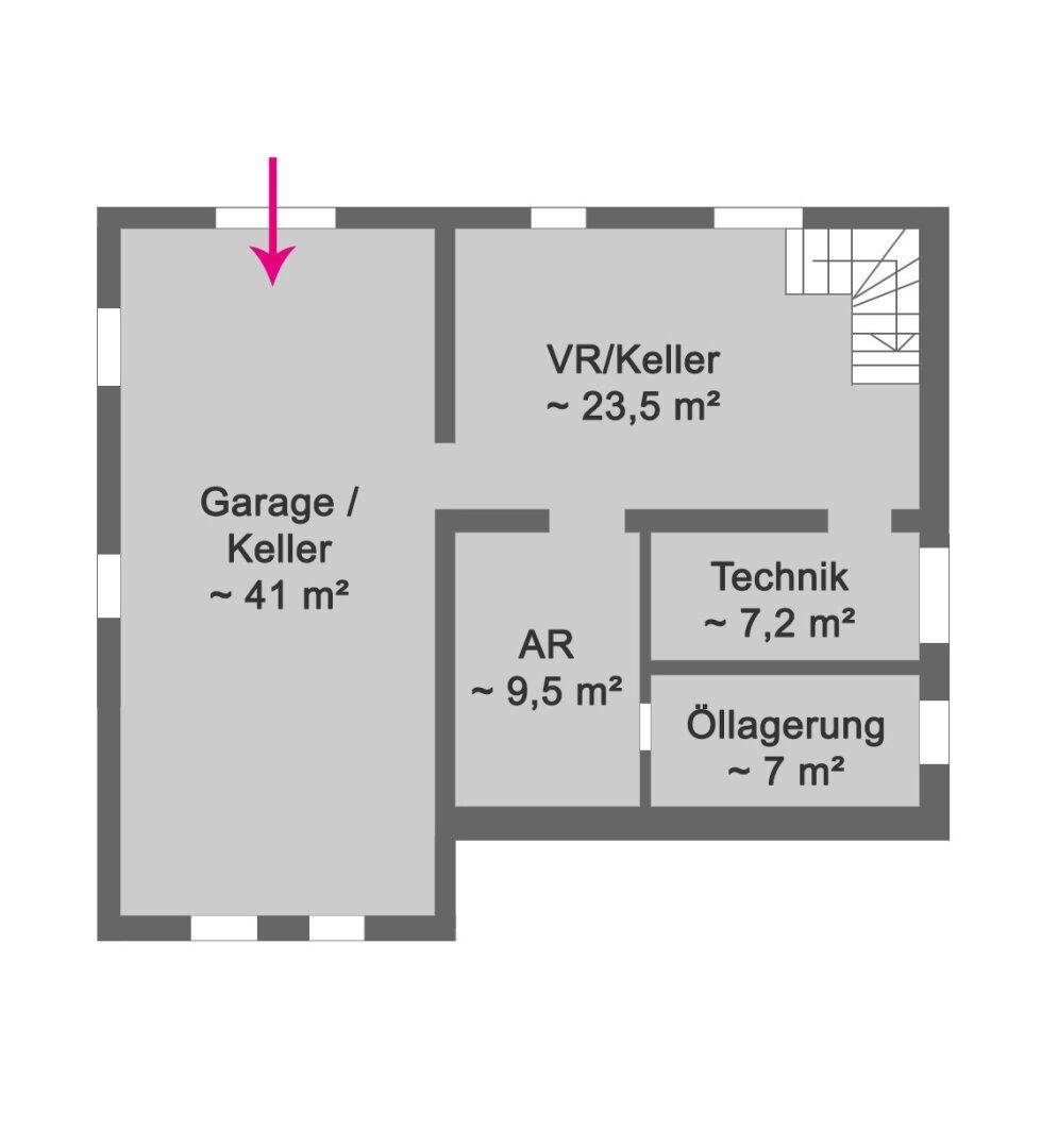 Grundriss des Untergeschosses mit Garage, Keller, Technikraum und Öllagerung.