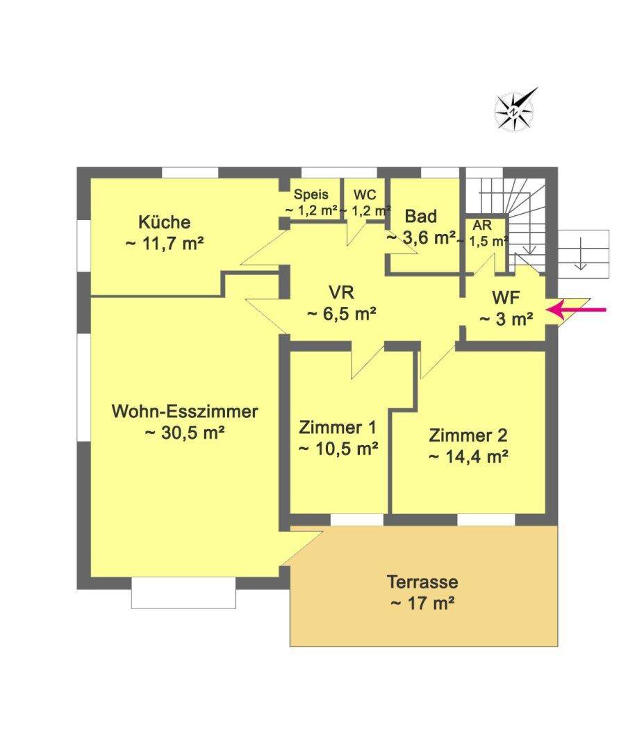 Grundriss des Erdgeschosses mit Küche, Wohn-Esszimmer, zwei Zimmern und Terrasse.