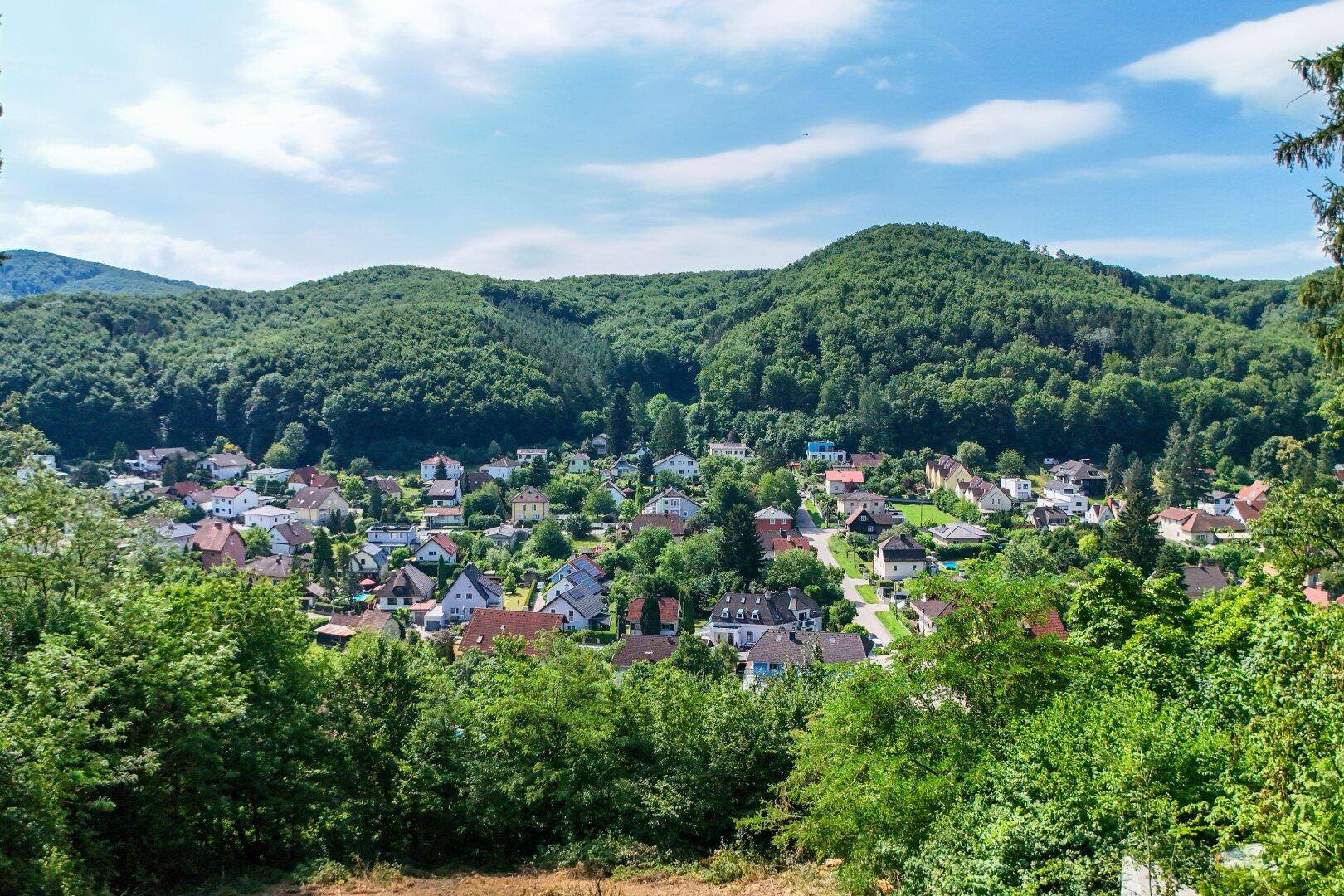 Weitläufiger Blick auf ein idyllisches Dorf, eingebettet in eine grüne, hügelige Waldlandschaft.