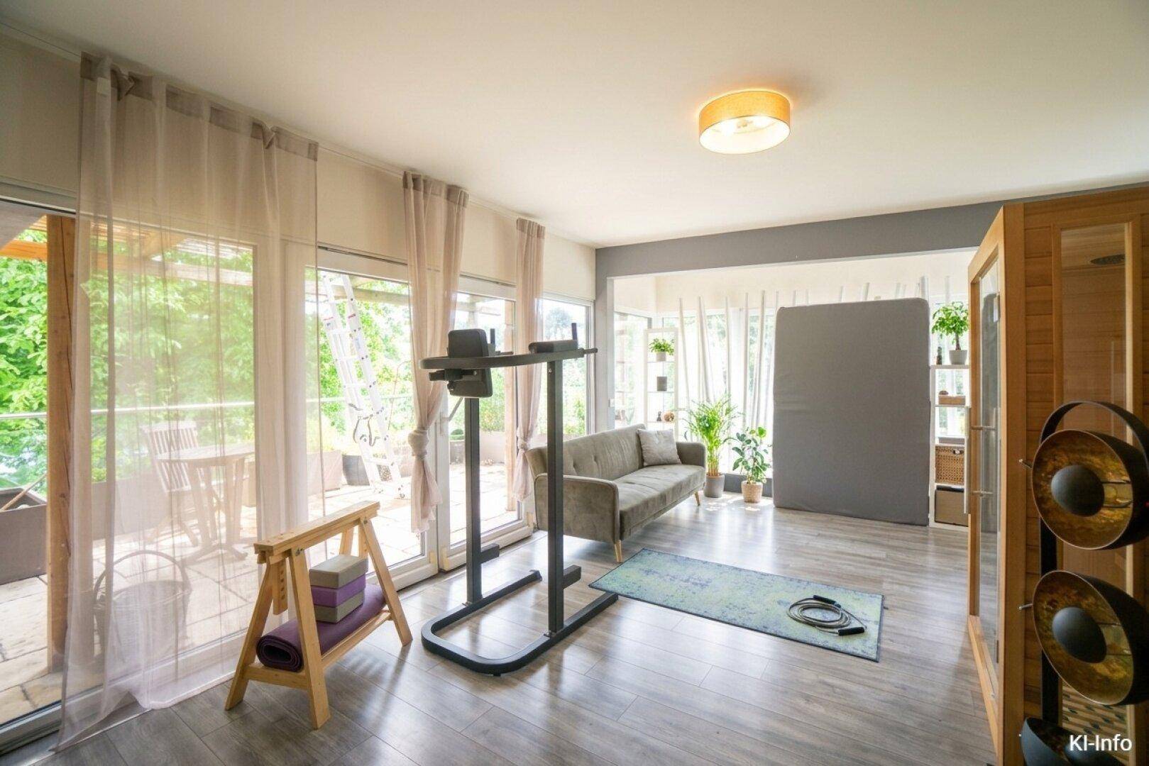 Heller Raum mit Fitnessgeräten, Sauna und Zugang zur Terrasse.