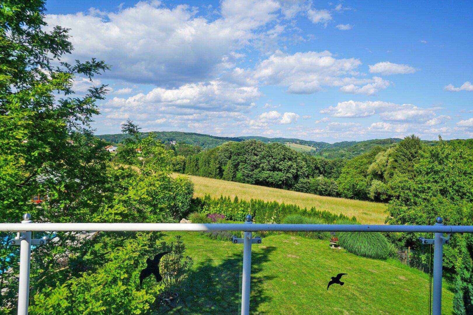 Malerischer Ausblick von der Terrasse über sanfte Hügel und weite grüne Felder.