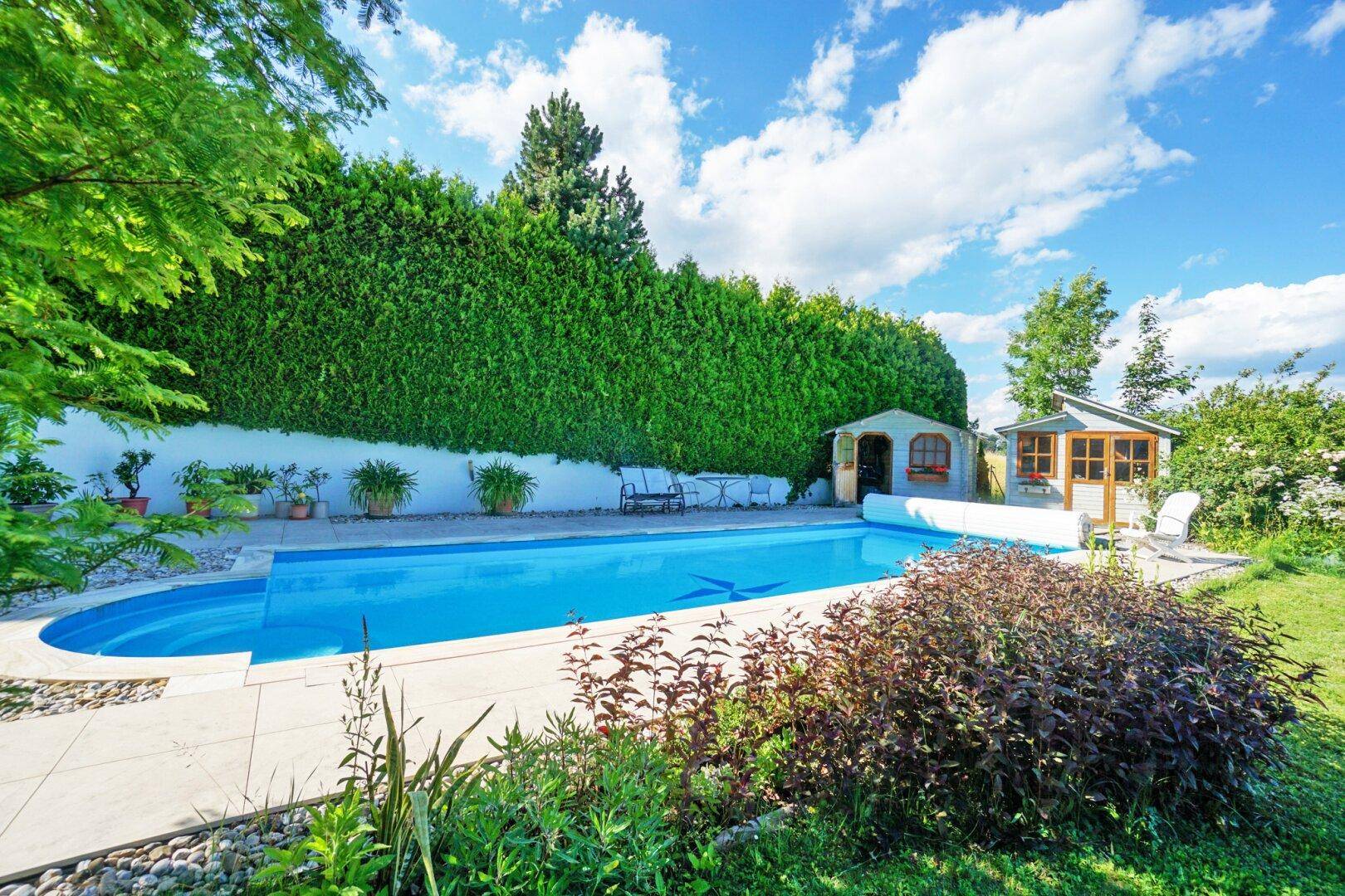 Großer Gartenbereich mit privatem Swimmingpool, umgeben von hohen Hecken und Grünflächen.