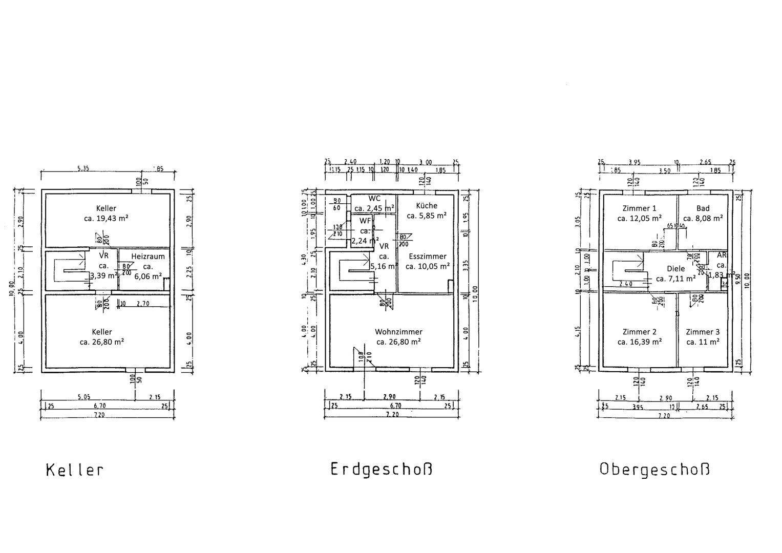 Grundrisspläne für Keller, Erdgeschoss und Obergeschoss mit Raumaufteilung und Maßen.